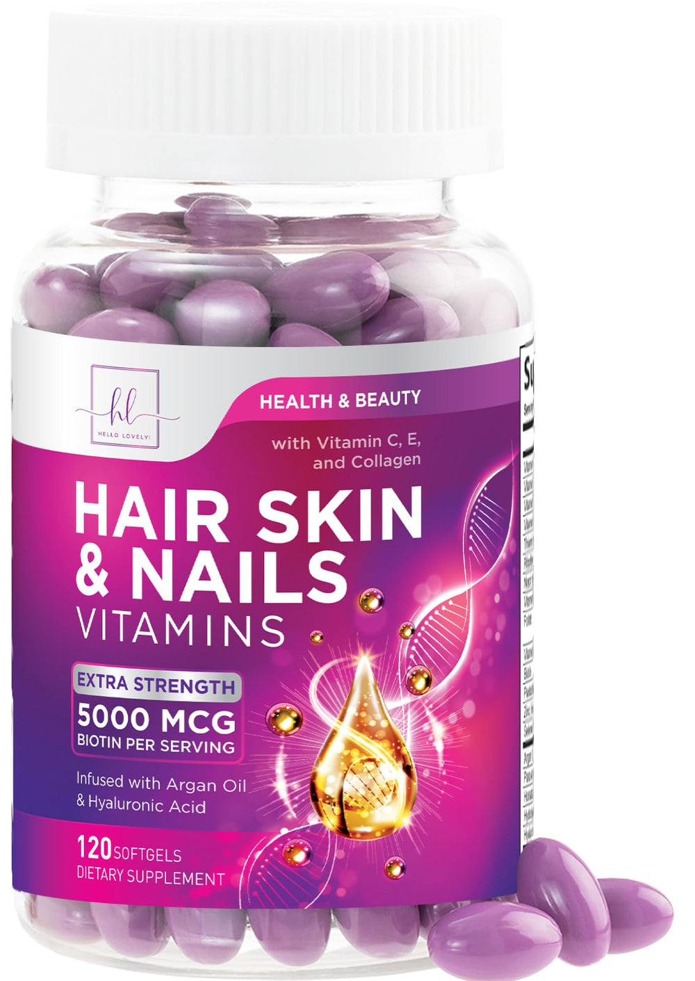 Hello Lovely! Hair, Skin & Nails softgels bottle for daily beauty support.