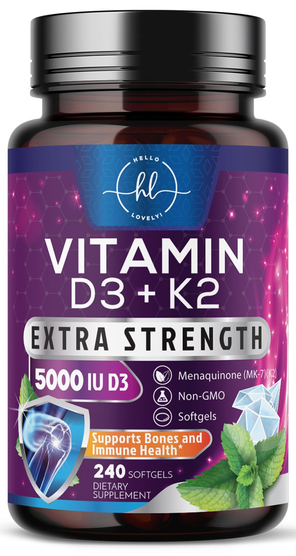 Hello Lovely! botella de Vitamina D3 K2 5000 UI, apoyo a huesos y dientes