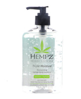 Hempz triple moisture hand sanitizer bottle highlighting germ protection and hydration