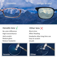 Henotin glasses with spring hinges reduce squeezing for comfort.