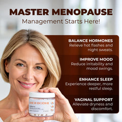 Her Bodhi MENO bottle label detail highlights ingredients like ashwagandha and black cohosh.