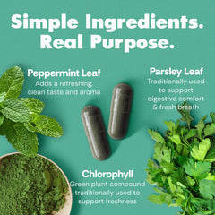 Her Fantasy Box Body Magic capsules closeup emphasizing chlorophyll benefits for digestion