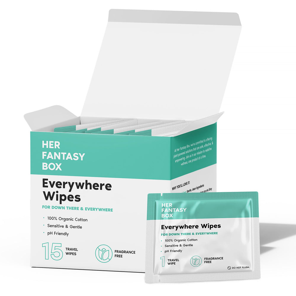 Toallitas Everywhere Wipes de Her Fantasy Box, paquete compacto para llevar y usar en cualquier lugar.
