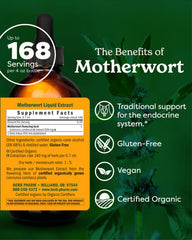 Herb Pharm Motherwort bottle label shows certified organic origin and potency