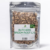 Herb To Body butchers broom root cut and sifted in a 4oz pouch, ideal for DIY herbal blends.