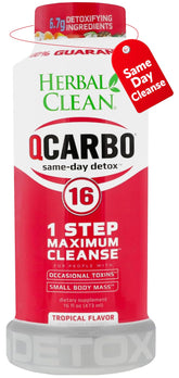 Herbal Clean Qcarbo16 tropical bottle showing refreshing detox potential for busy days