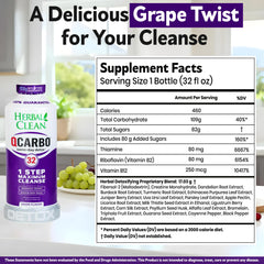 Herbal Clean Qcarbo32 grape bottle front showcases the convenient detox option.