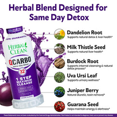 Herbal Clean Qcarbo32 grape bottle with glass signals an easy, refreshing detox.