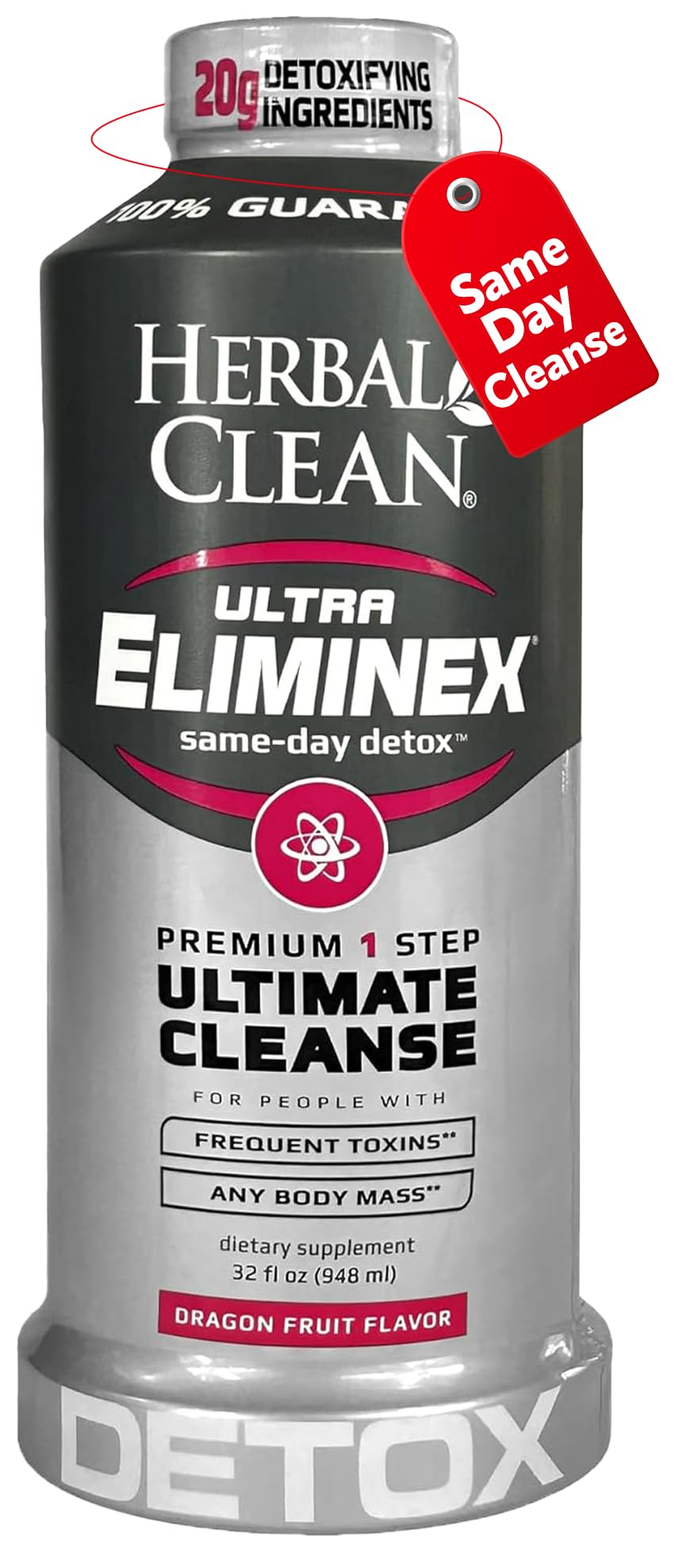 Herbal Clean Same Day Eliminex bottle with dragon fruit flavor for quick cleanse support.