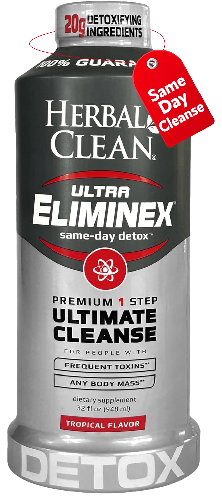 Herbal Clean Same Day Ultra Eliminex bottle with tropical label, ready for a quick full-body cleanse.