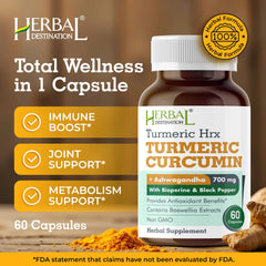 Herbal Destination HRX capsules close-up highlighting curcumin and black pepper synergy.
