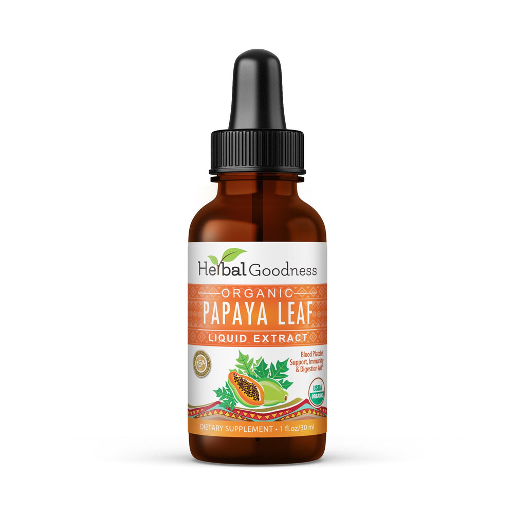 Herbal Goodness Papaya Leaf Extract bottle showing organic formula and label for daily wellness.
