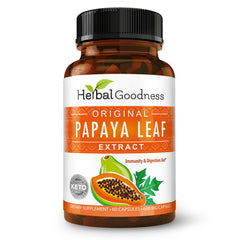 Herbal Goodness papaya leaf extract bottle highlighting premium potency for immune support