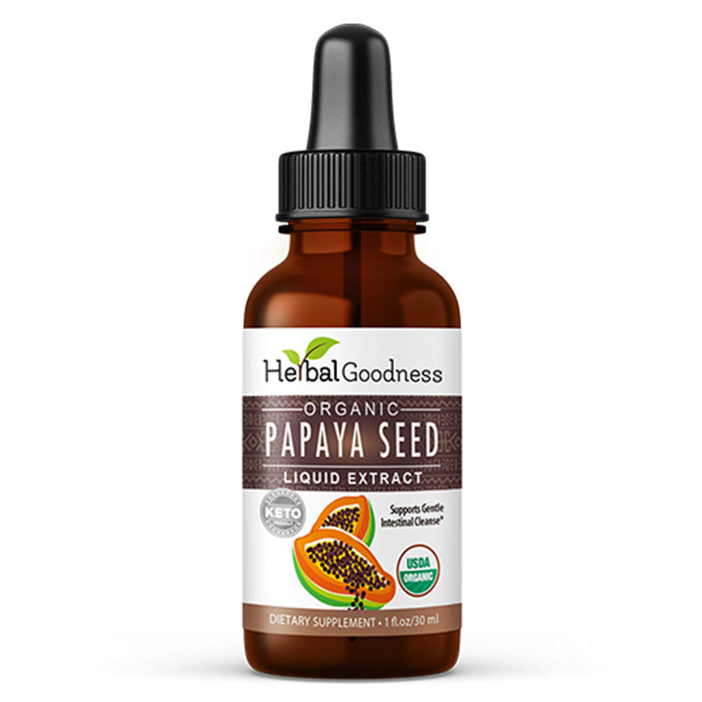 Herbal Goodness papaya seeds digestive enzymes bottle, gut health potential.
