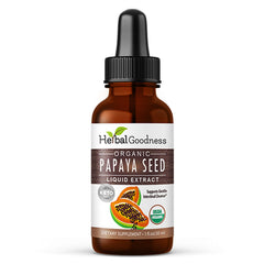 Herbal Goodness papaya seeds digestive enzymes bottle, gut health potential.