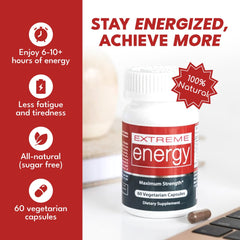 Extreme Energy pills closeup highlighting natural herbal components for steady focus