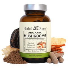 Herbal Roots 8 Mushroom Blend bottle with vegan capsules for daily wellness.