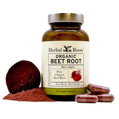 Herbal Roots Beet Root Capsules bottle with organic beetroot for daily wellness.