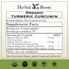 Herbal Roots Curcumin label closeup showing 95 percent potency and quality.