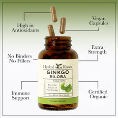 Packaging of Herbal Roots Ginkgo Biloba with clear product details.