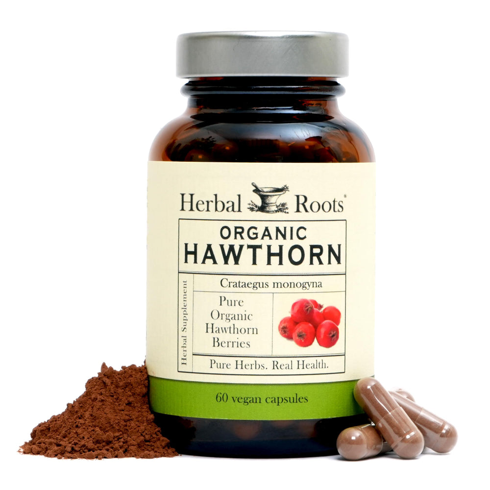 Herbal Roots Hawthorn Berry Capsules bottle front for easy daily use.