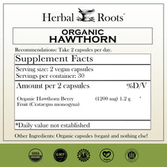 Herbal Roots Hawthorn Berry Capsules closeup showing vegan capsules.