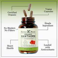 Herbal Roots Hawthorn bottle on shelf suggesting heart-support potential.