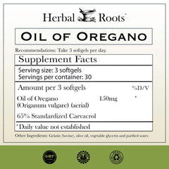 Herbal Roots Oil of Oregano softgels closeup highlighting 150 mg strength