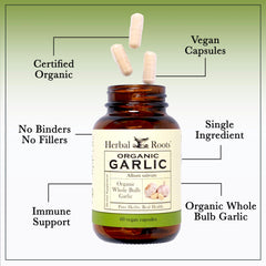 Herbal Roots organic label highlights USDA certification for quality garlic pills.