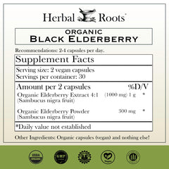 Herbal Roots organic Sambucus elderberry packaging emphasizing antioxidant-rich formula.