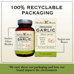 Herbal Roots vegan seal indicates pure, filler-free garlic capsules.