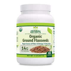 Herbal Secrets ground flaxseed bottle highlighting organic quality and purity