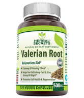 Herbal Secrets Valerian Root bottle shows 500 mg per serving for restful evenings.