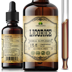 HERBALICIOUS licorice root extract bottle shows organic liquid formula for daily use.