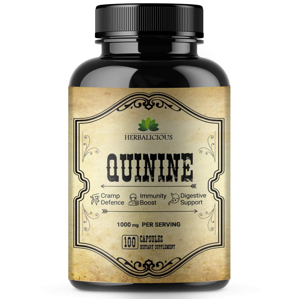 HERBALICIOUS quinine capsules bottle shows label highlighting leg cramps and digestion support