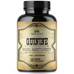 HERBALICIOUS quinine capsules bottle shows label highlighting leg cramps and digestion support