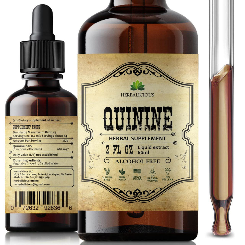 HERBALICIOUS Quinine Liquid Extract bottle front view for nighttime leg comfort.