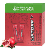 Herbalife Liftoff Pomegranate-Berry Burst tablets with glass of water for a quick energy lift