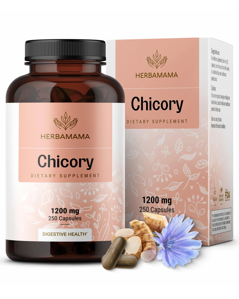 HERBAMAMA Chicory Root Fiber capsules on the go for daily gut support.