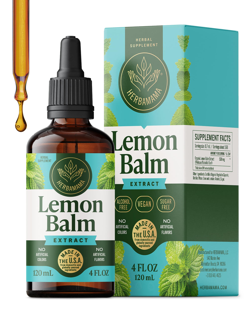 HERBAMAMA Lemon Balm tincture bottle labeled for calm support with easy dosing