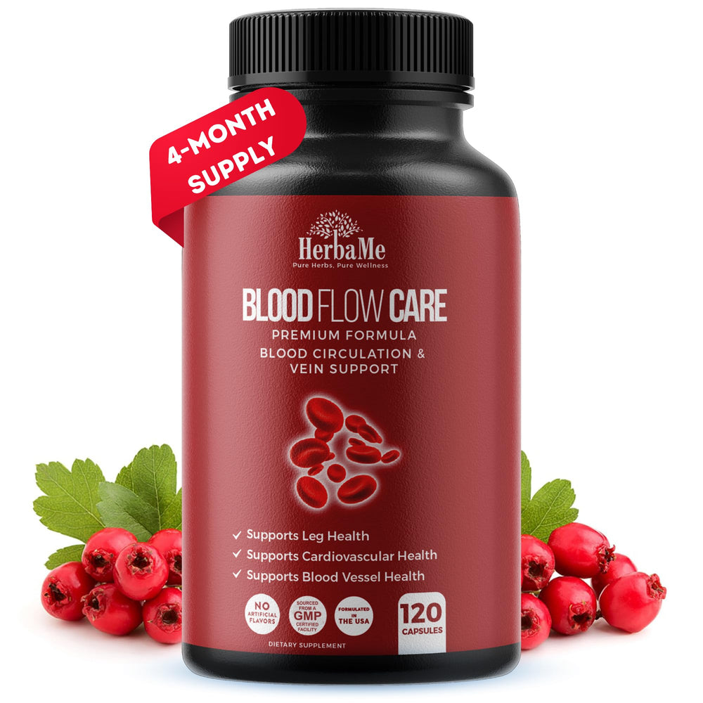 HerbaMe blood circulation bottle shows the daily leg-support supplement in action.