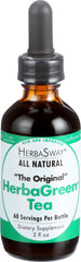 HerbaSway HerbaGreen Tea Original bottle on kitchen counter, convenient decaf tea