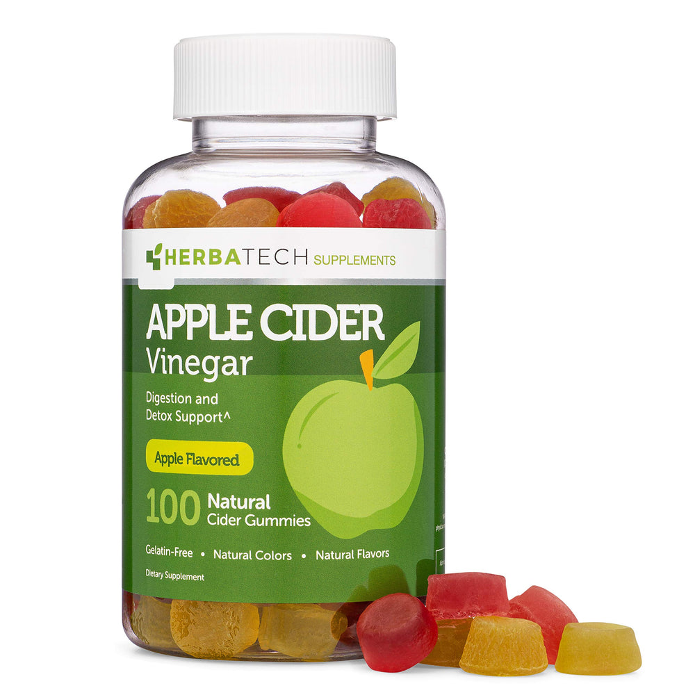 Herbatech Apple Cider Vinegar Gummies bottle shows a 100-count supply for daily digestion support