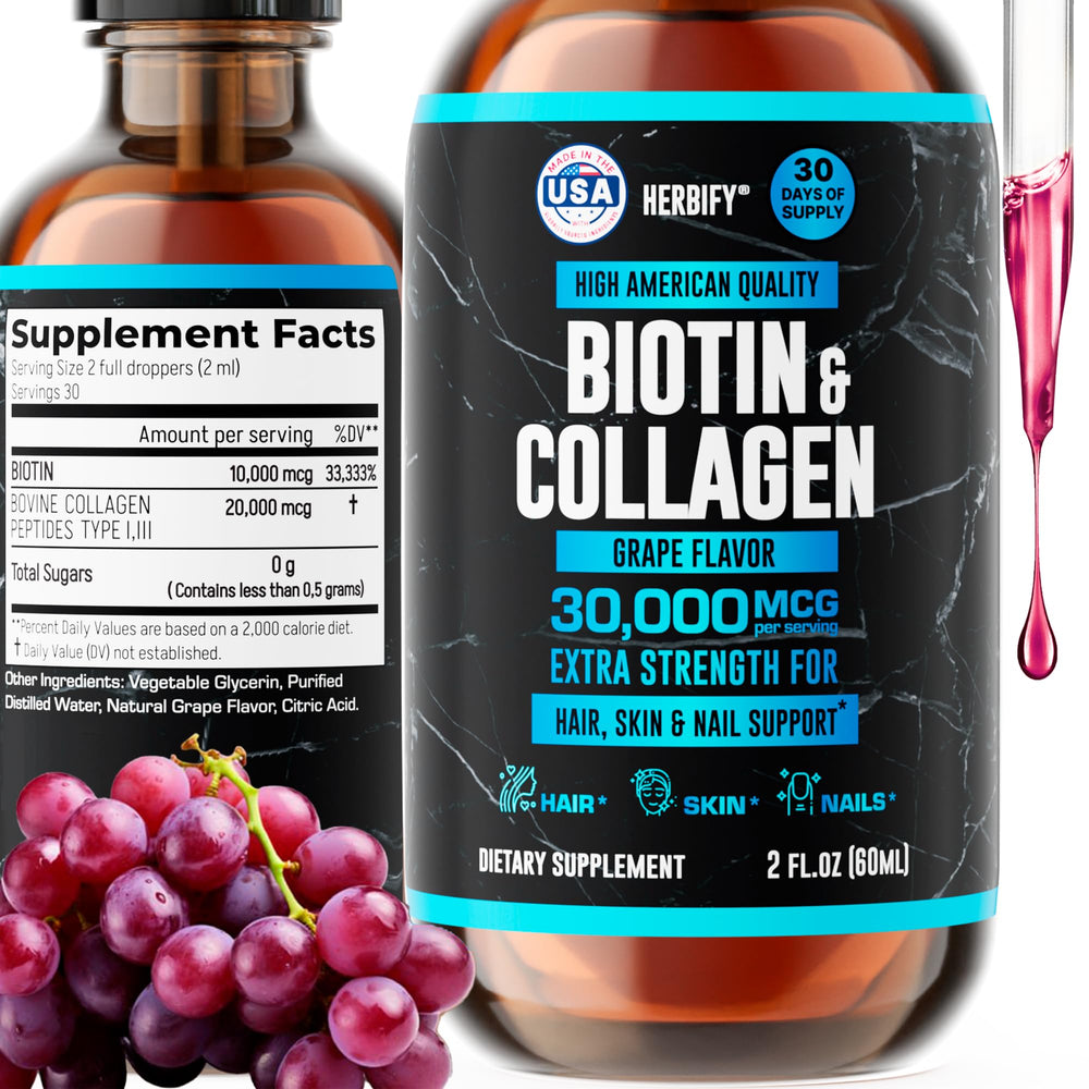 HERBIFY Collagen Biotin Drops bottle highlights convenient hair and nail support