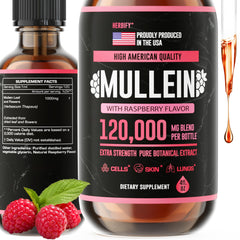 HERBIFY Mullein Drops raspberry bottle for respiratory support and daily use.