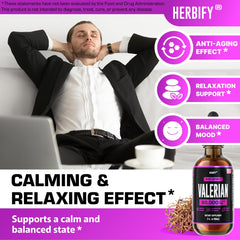 Amber glass Herbify valerian liquid bottle with easy dispensing.