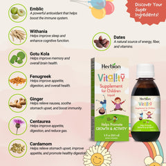 HERBION Vitality bottle on a kitchen counter, kid-friendly formula.