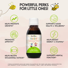 HERBION Vitality syrup bottle shows natural ingredients for healthy growth.