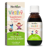 HERBION Vitality syrup being poured to energize children.