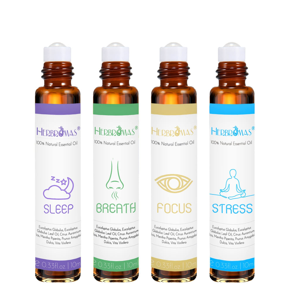 HERBROMAS Aromatherapy Oils Roller Set bottle close-up for easy at-home relaxation.